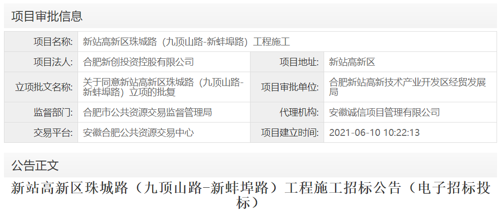 新站高新区珠城路（九顶山路-新蚌埠路）工程施工
