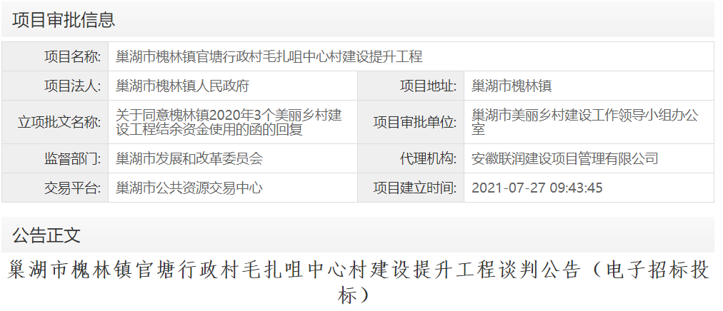 巢湖市槐林镇官塘行政村毛扎咀中心村建设提升工程