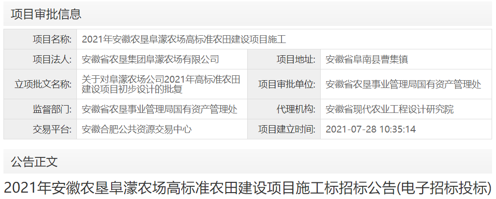 2021年安徽农垦阜濛农场高标准农田建设项目施工