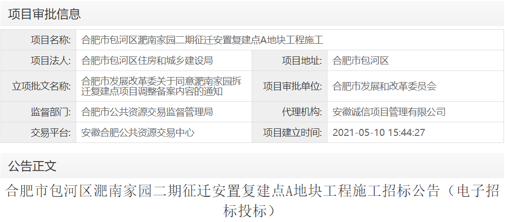 合肥市包河区淝南家园二期征迁安置复建点A地块工程施工