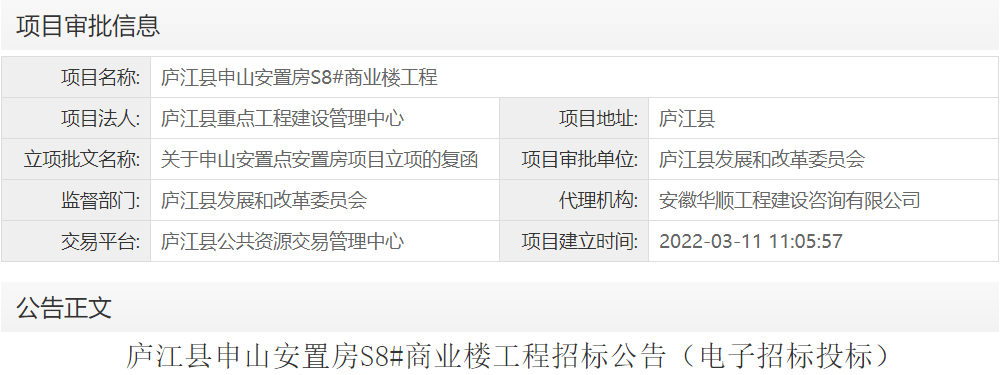 庐江县申山安置房S8#商业楼工程
