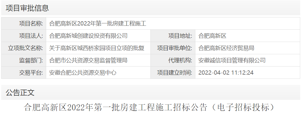 合肥高新区2022年第一批房建工程施工