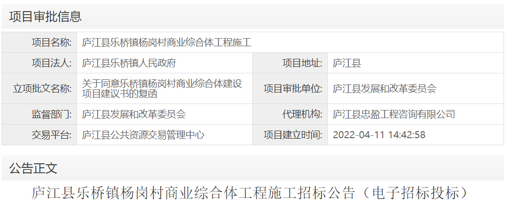 庐江县乐桥镇杨岗村商业综合体工程施工