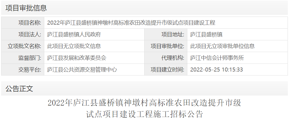 2022年庐江县盛桥镇神墩村高标准农田改造提升市级试点项目建设工程