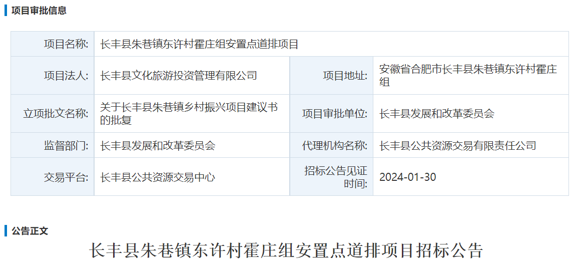 长丰县朱巷镇东许村霍庄组安置点道排项目