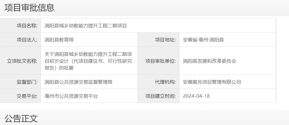 涡阳县城乡幼教能力提升工程二期项目